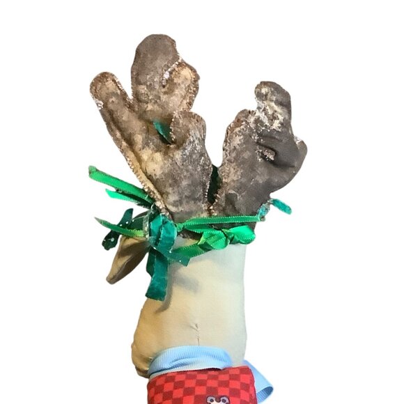 Vtg Handcrafted Reindeer Plush Decor Festive Red Outfit Ribbon Accents 10" - Picture 4 of 6